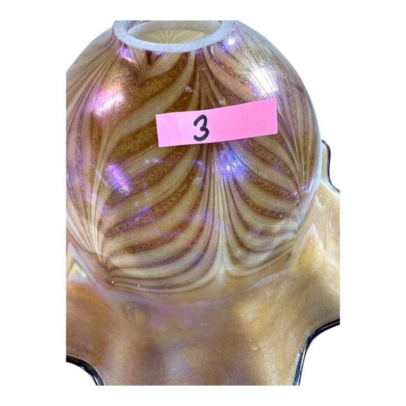 Vintage Large 15" Iridescent Pulled Feather Art Glass Lamp Shade Ruffled Edges - Picture 8 of 11